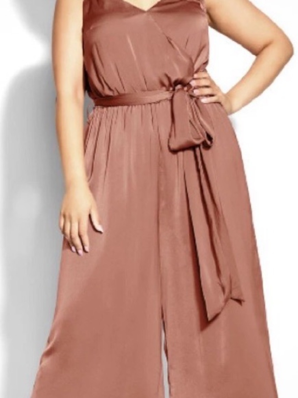 City Chic Taupe Wrap-Front Wide-Leg Jumpsuit Cinnamon